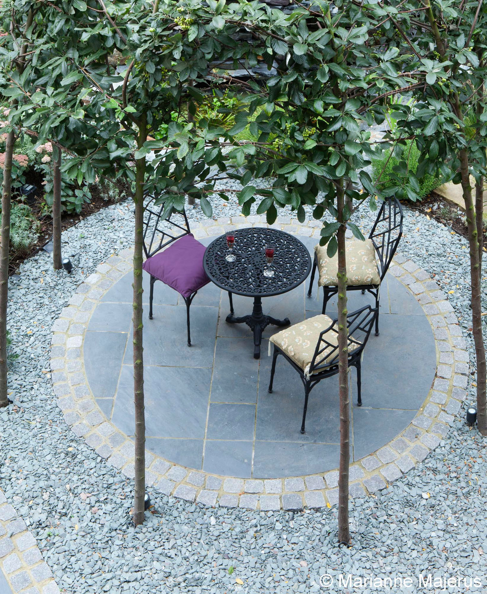 The above view show how dense the canopy of the Sorbus is, tying in nicely together to form this green living roof when seated on the slate circular patio.
