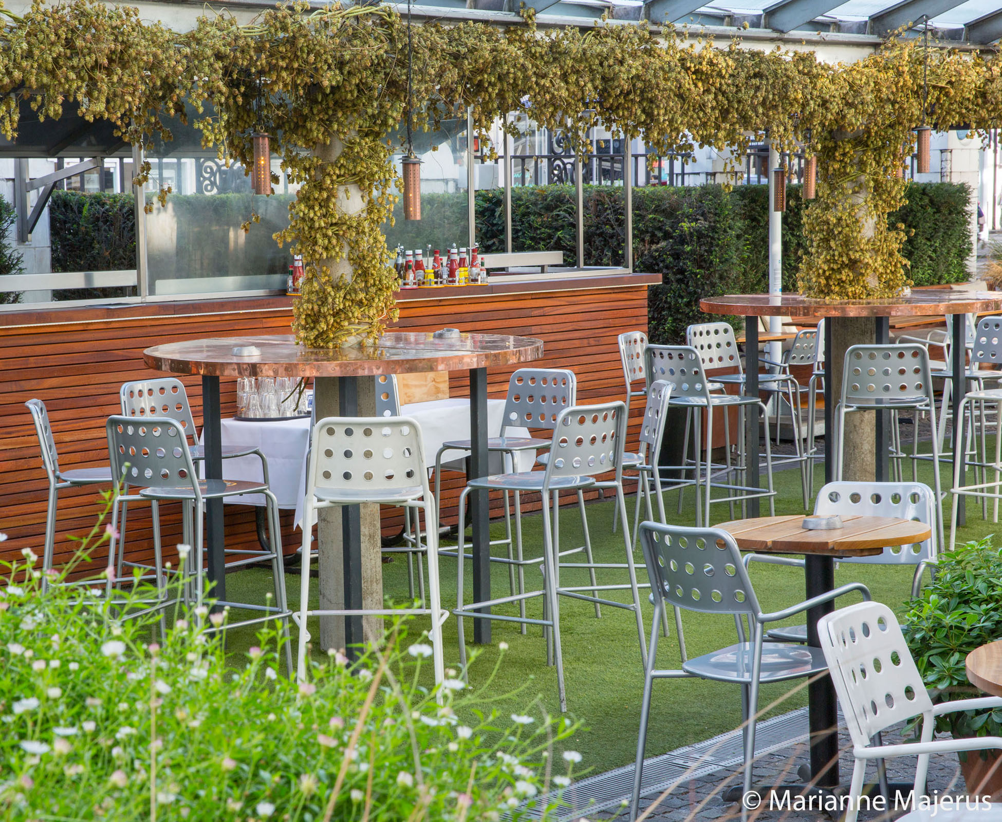 Bluebird’s courtyard is decorated with hops to celebrate autumn and the festive beer season. The copper pendant lights and tables with the timber clad kitchen unit complete the palette of warm colours.