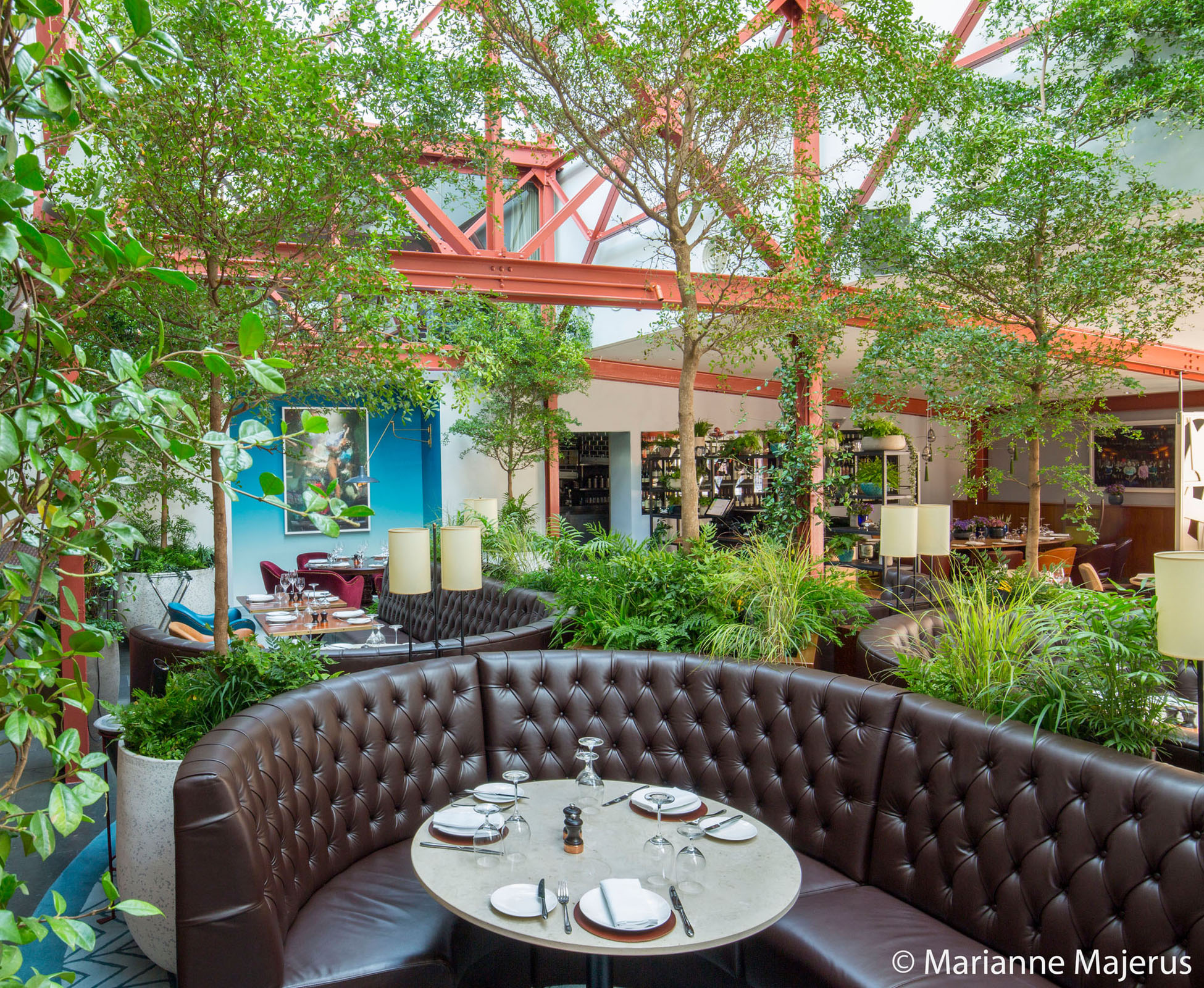 View of the dining area at Bluebird restaurant in Chelsea when seating on the leather banquette. The dainty canopy of the trees lets the light come through to the tables.