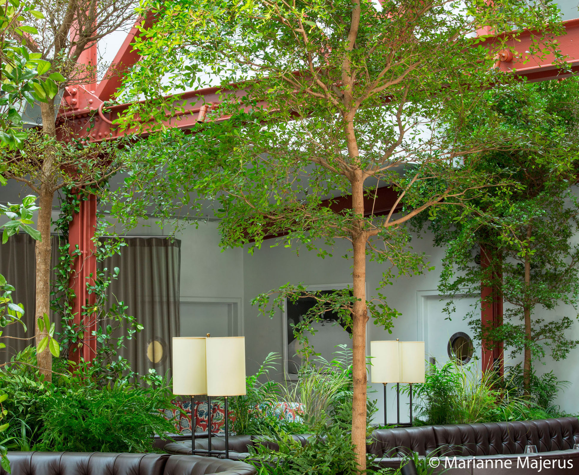 The trunks and the steel girders create strong vertical lines to break up the space. They compliment each other whilst contrasting in colours to create an unusual indoor atmosphere for Bluebird Restaurant in Chelsea.