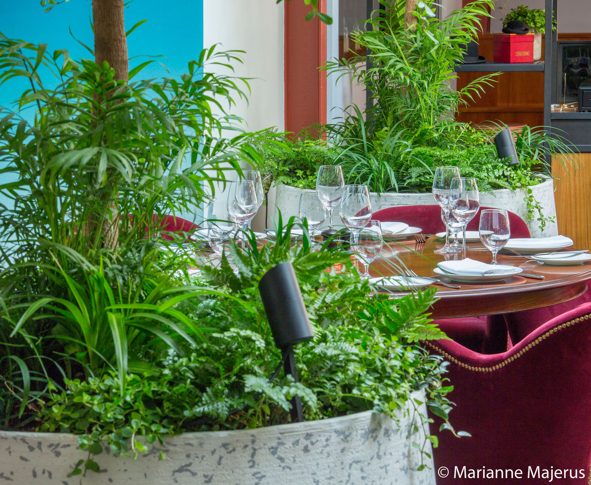 Detail of the texture chosen on the Urbis planter. They are part of the whole scheme: unusual, eclectic, different. Underplanted with lush exotic plants, they can be enjoyed by all at Bluebird restaurant.