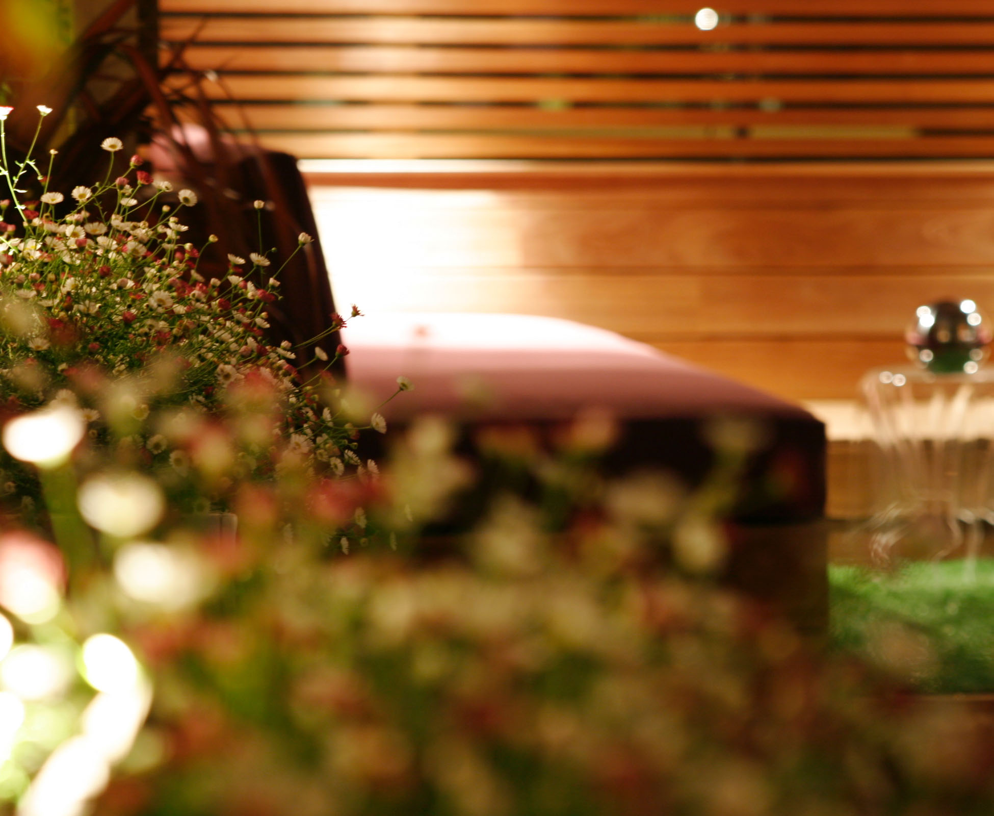 A detail of the daisies, Erigeron karvinskianus, falling over the planters and with subtle lighting. In the background, the custom made mattress and back rest sit on the built in timber bench perfectly.