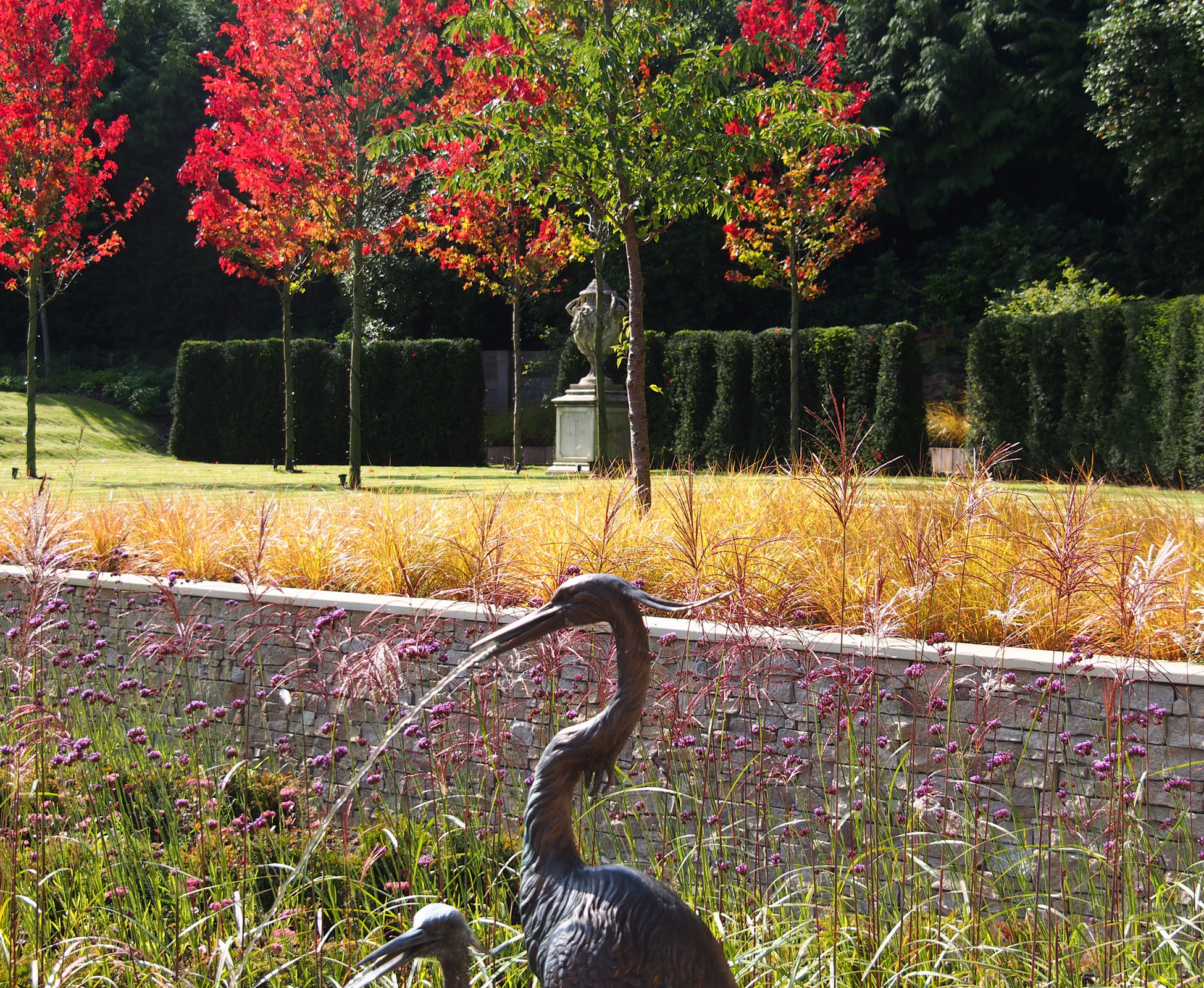 An iron sculpture of a bird stands in the flower bed, surrounded by grasses, Miscanthus sinensis, and Verbena bonariensis, in front of a stone clad retaining wall. In the distance, the maple trees, Acer rubrum ‘October Glory ‘, are a vibrant red.