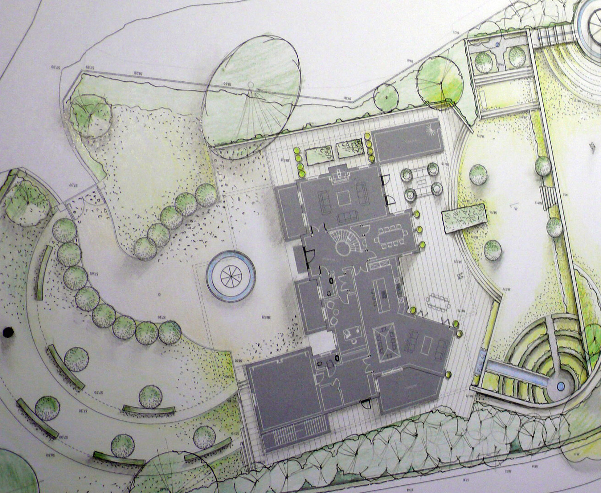 Hand drawn plan, general layout, masterplan, has been presented to the client to explain the design by London Garden Designer for this country garden. 