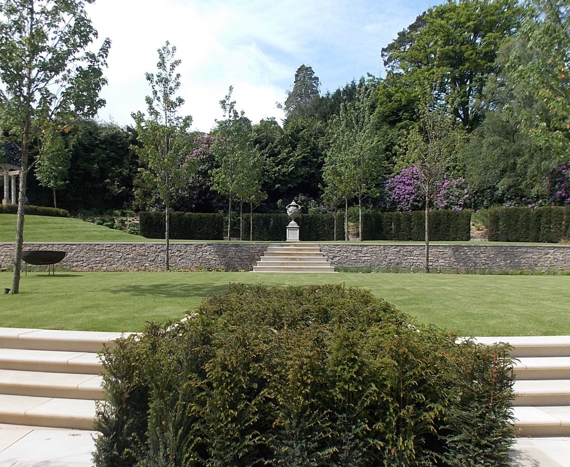 Some maple trees, Acer rub rum are planted in the lawn, following a dynamic perspective, to frame a sculpture on its pedestal. This feature is a strong focal point to enjoy from the house in this country garden. 
