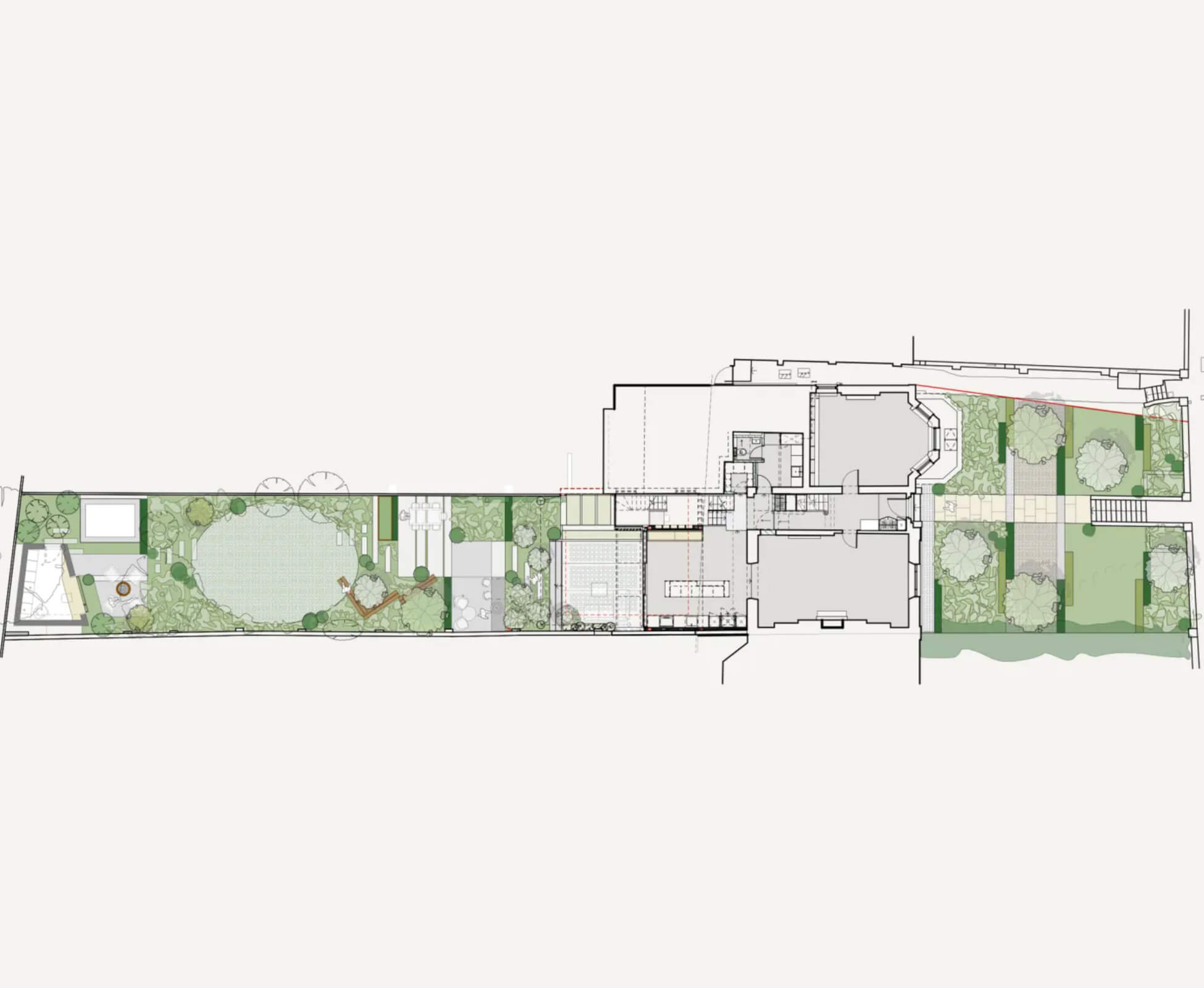 This layout plan illustrates both the front and rear gardens together with the refurbished house designed by Proctor & Shaw Architects.
