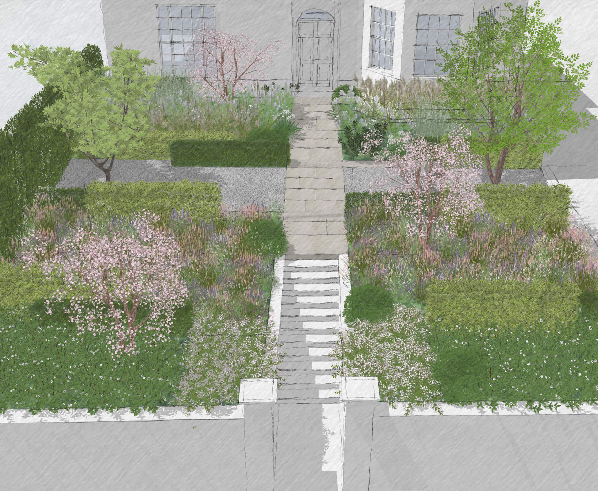 3D visuals of the front garden, created to present the design concept to the client.