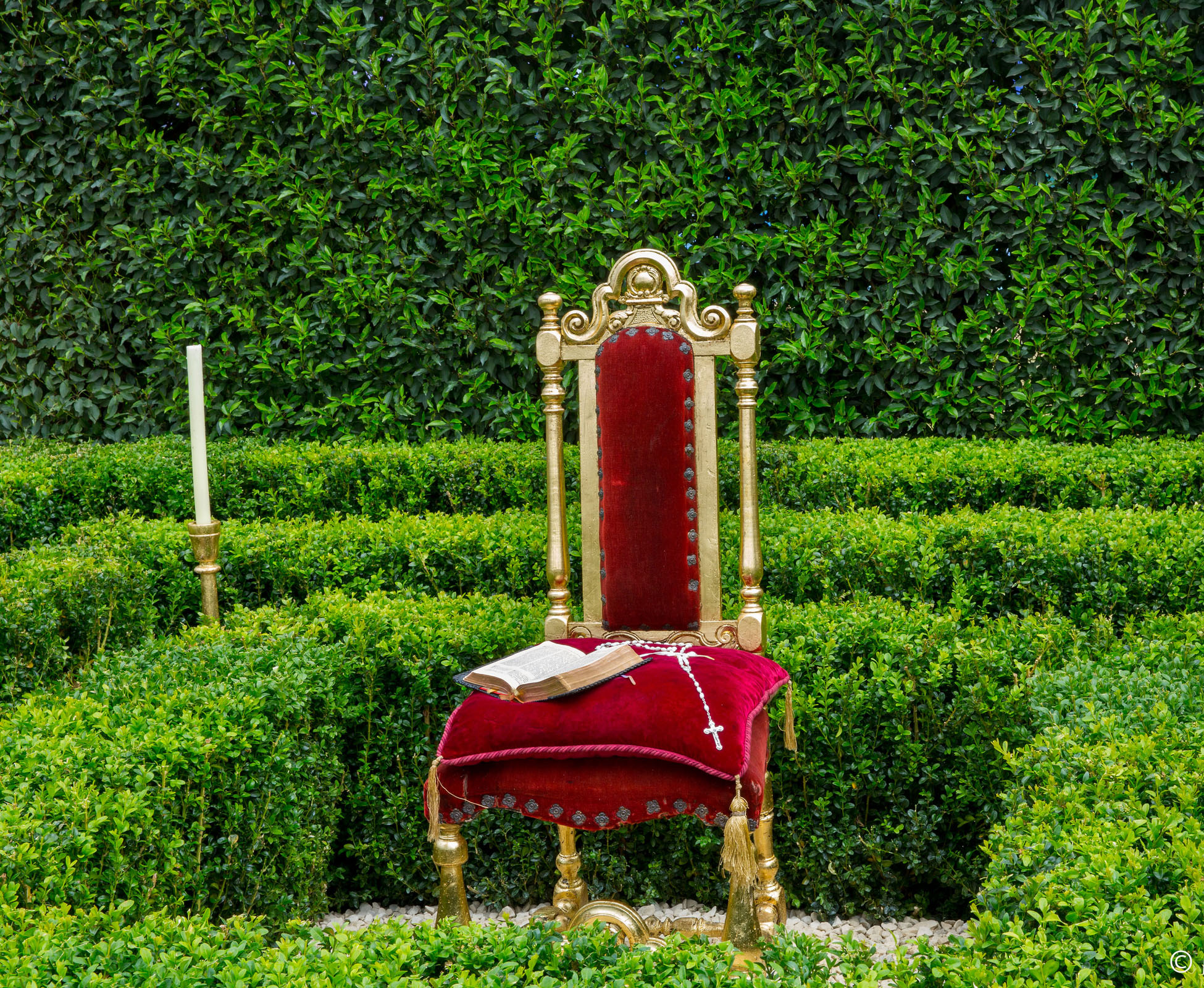 This conceptual garden designed on the theme of the seven deadly sins, expresses Greed at Hampton Court Palace Show Garden. Detail of the centre of this geometric, contrived layout, with clipped low hedges and an evergreen tall hedge as a green background.