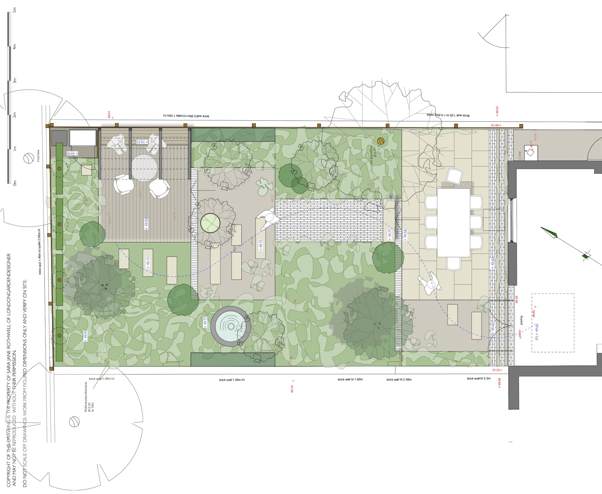 The landscape design plan for this Highbury garden expresses a  fluid movement through the garden, whilst following the architectural lines. with a dining area, and lounge seating area under an overhanging pergola.