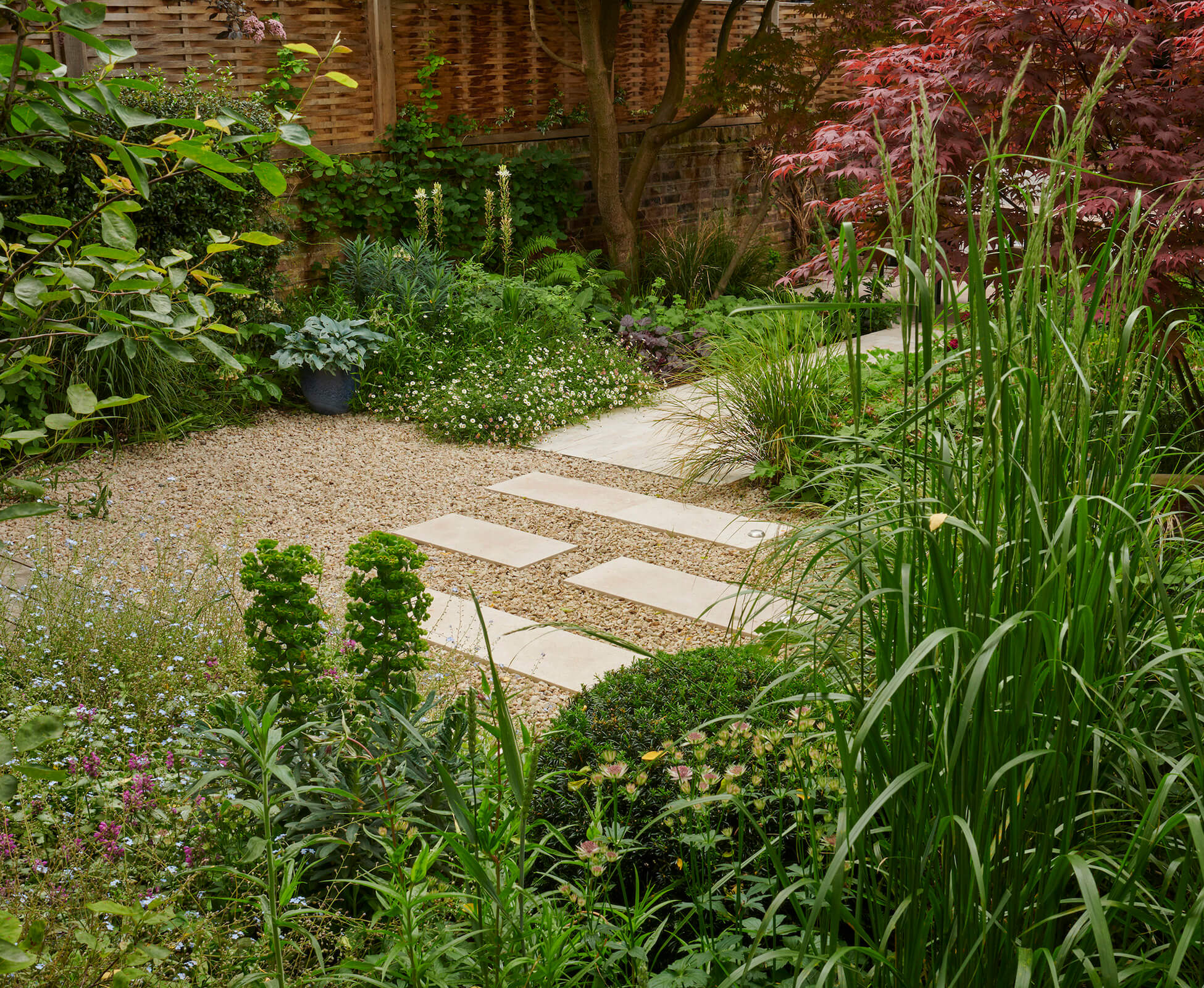Quercus oak fence panels in the background add a rustic charm to this Highbury garden, with stepping stones and gravel softening the hard landscape elements.