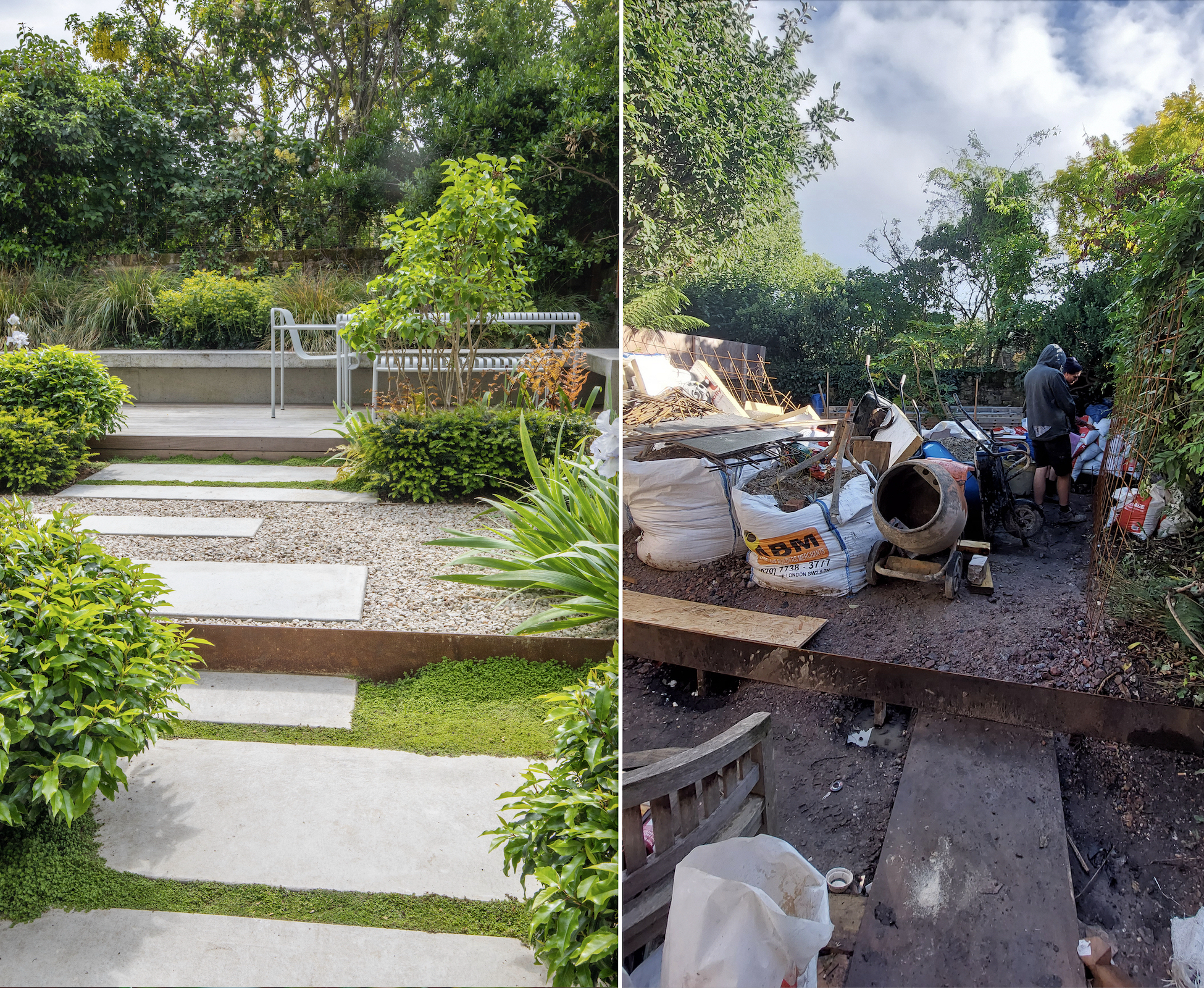Before and after picture from the same viewpoint, it was a small tricky site with little space to work during the build, due to extensive renovation works on the house.