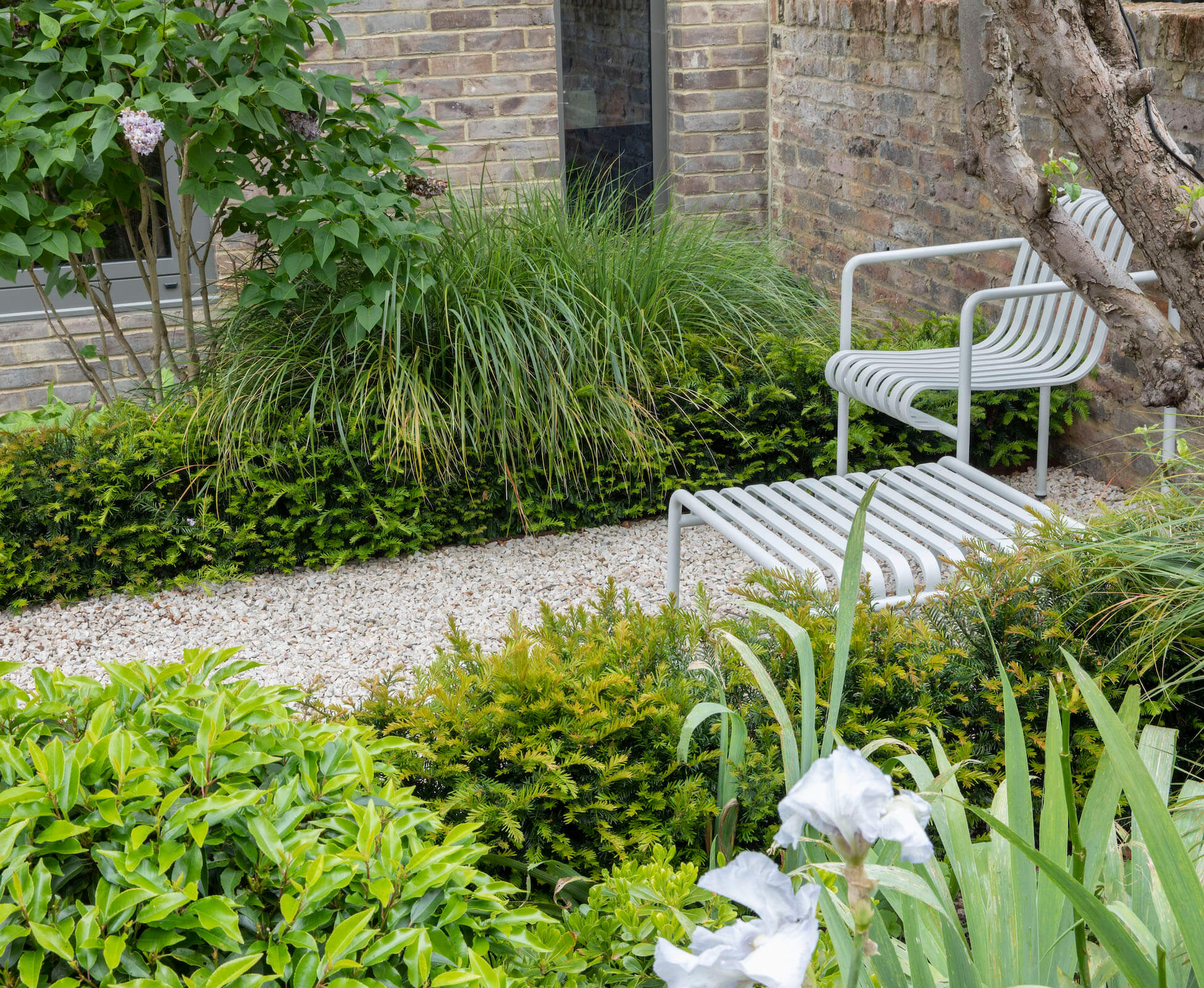 A cosy seating spot under the existing pear tree provides dappled shade for reading.