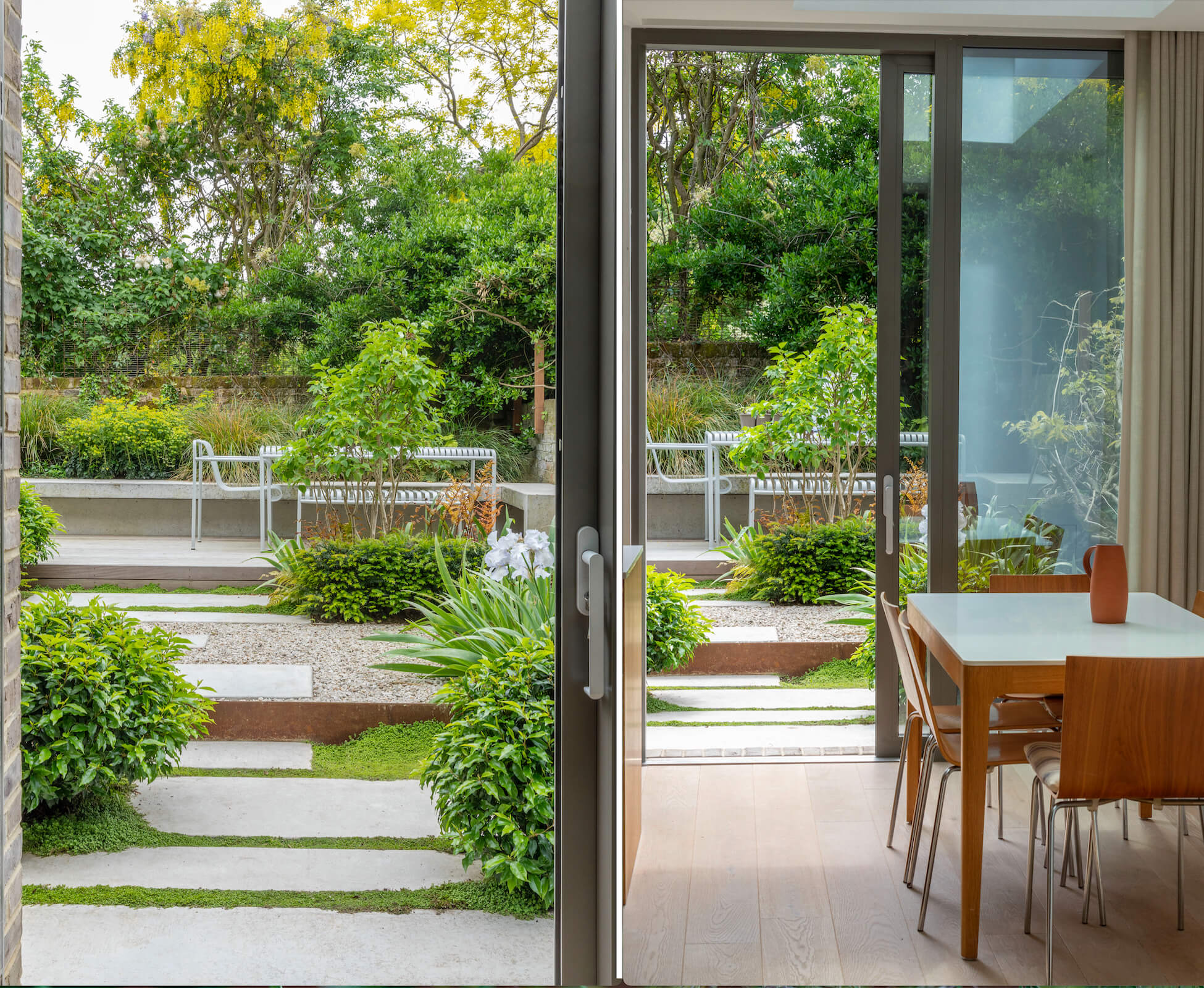 The simple tones and textures in the garden blend harmoniously with the interior materials.
