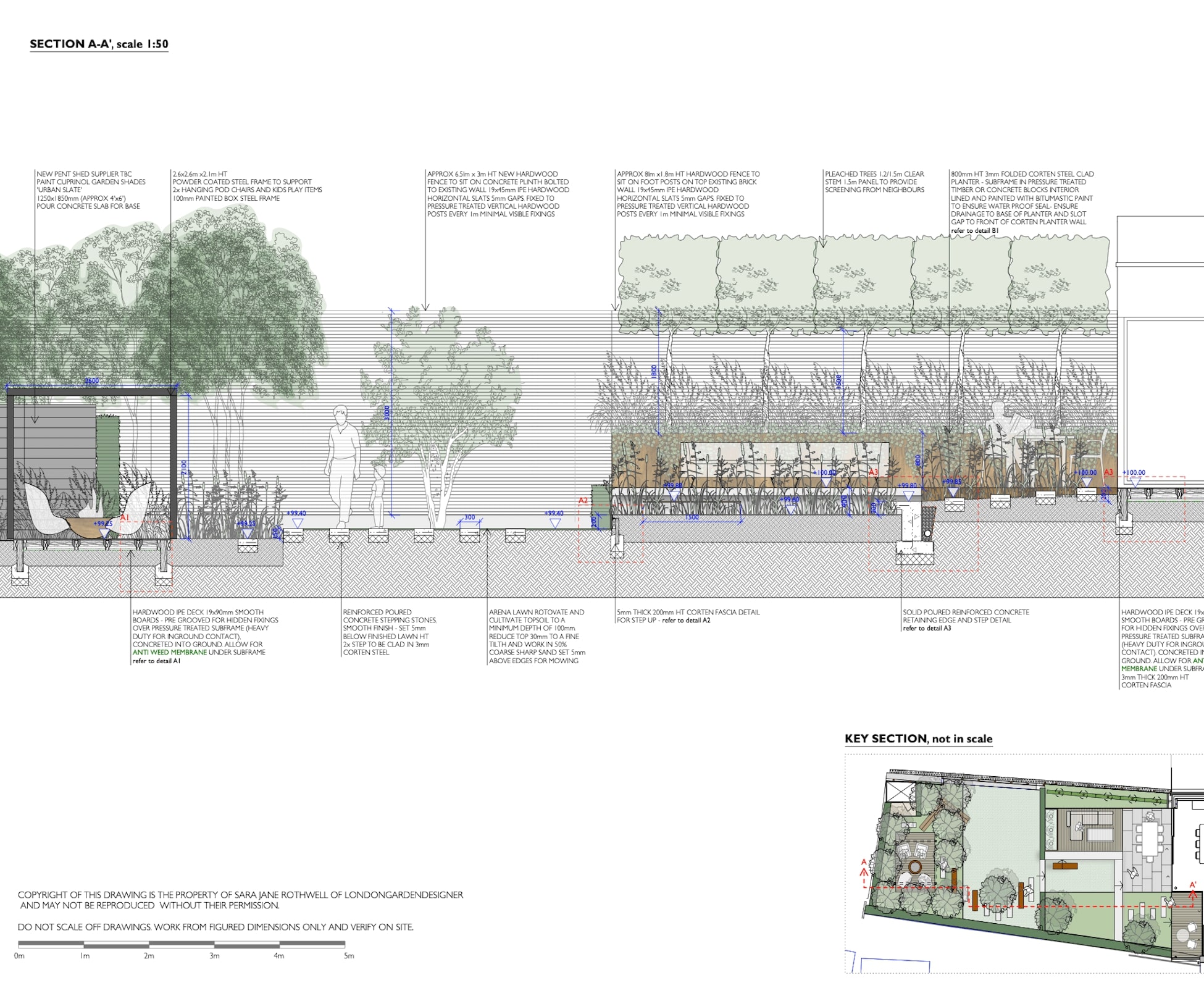 This section elevation of one of the boundaries, shows the change in levels and boundary restrictions due to elevated land on the neighbours side.