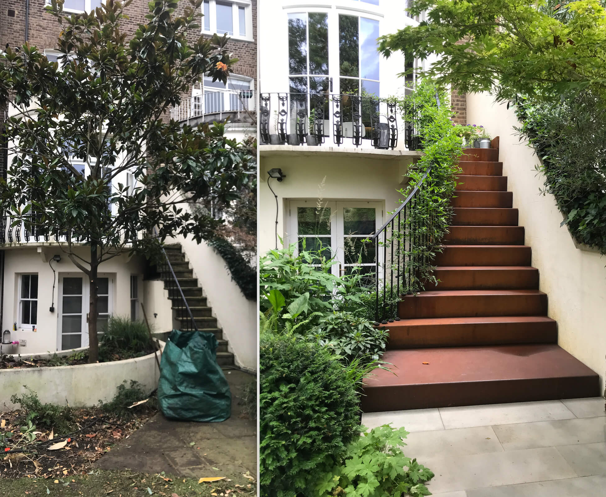 The original staircase was dangerous and slippery and the handrail too low, so we created a more dramatic entrance with sweeping curved folded corten steps, and powder coated steel balustrade . We planted Solanum Album as we wanted something vigorous to grow up the handrail and across the first floor balcony.