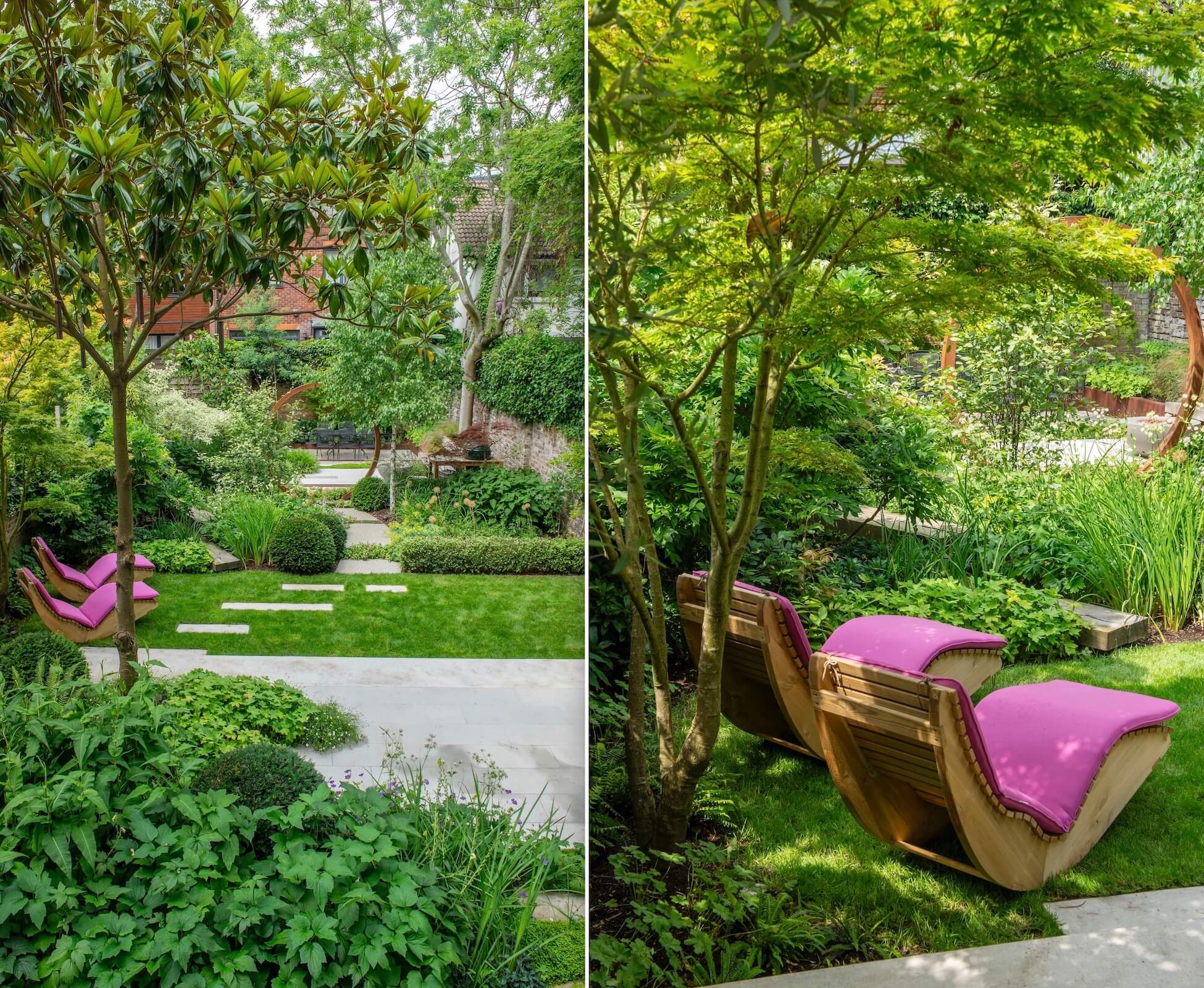 RThe crown of the Magnolia was lifted to allow for a clear view through from the first floor balcony, here we see how the planting is layered carefully to create subtle division with the garden.