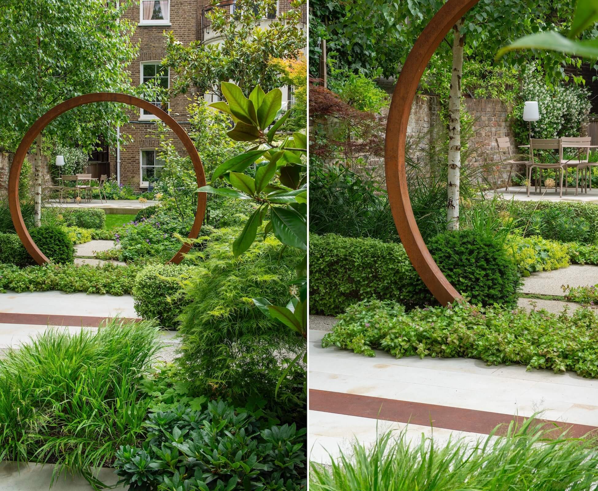 The Corten steel moongate provides a  viewing frame from many different angles within the garden, drawing the eye through and encouraging exploration. The foliage in this garden is carefully designed and balanced to allow for contrasting textures, and colours, which are as important as flower colour.