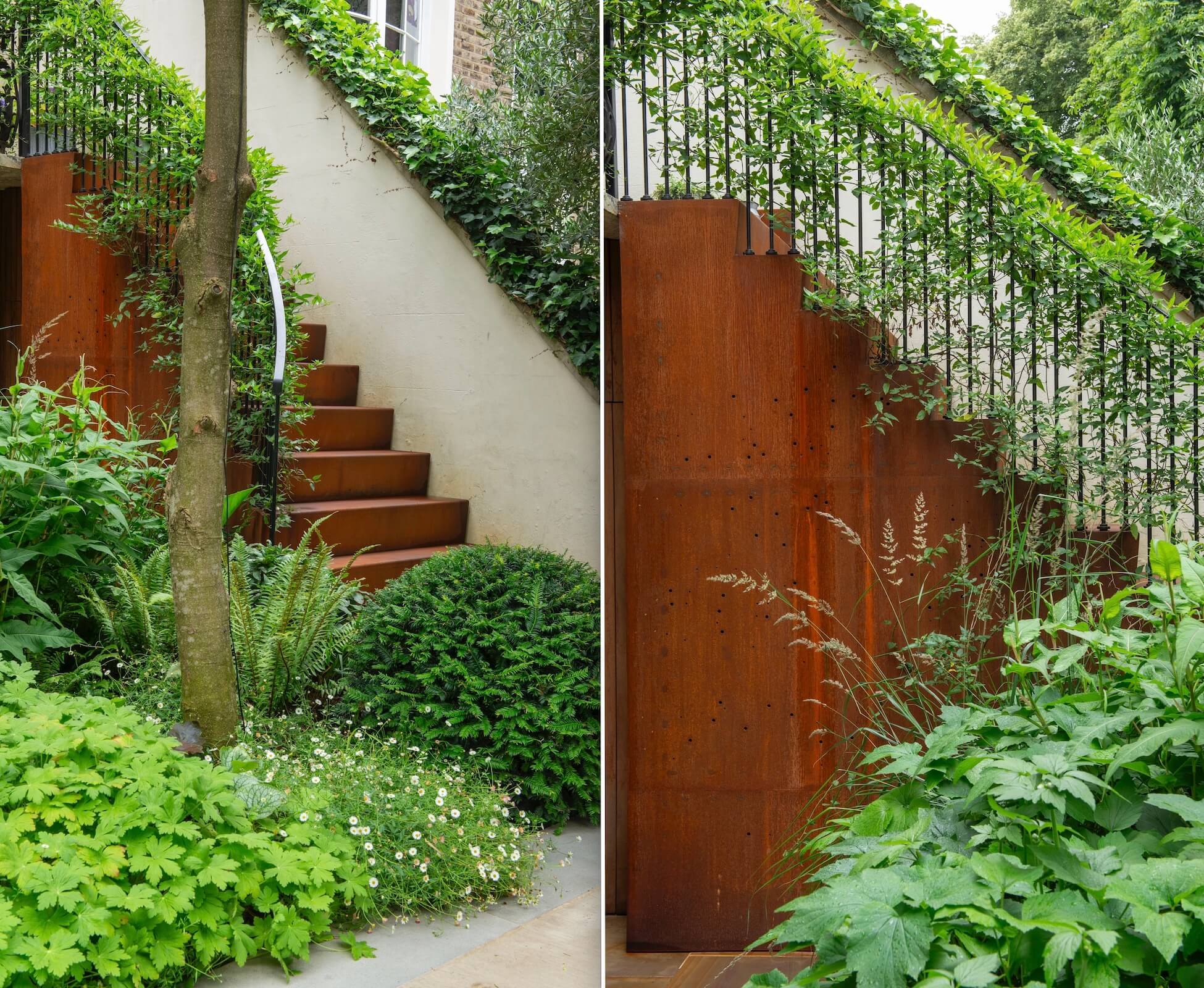 The Corten steel staircase gently curves into the garden to make it more enticing, The underside of the steps are also clad in corten, providing storage. We have also drilled holes in the shape of a constellation that at nighttime is lit up, for the lower patio and ground floor flat.