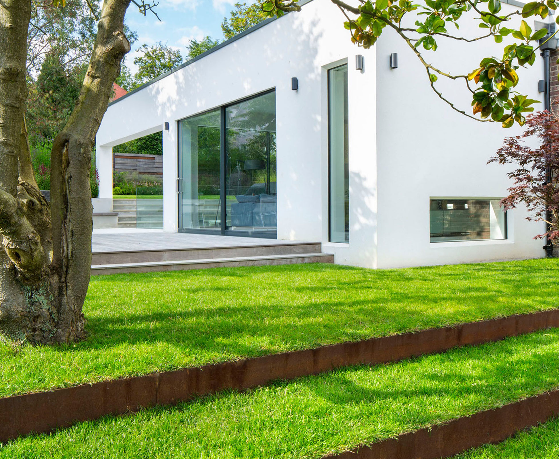 An old Magnolia soulangeana is the main feature of this North London garden. The corten risers and turf lawn work nicely around its trunk.