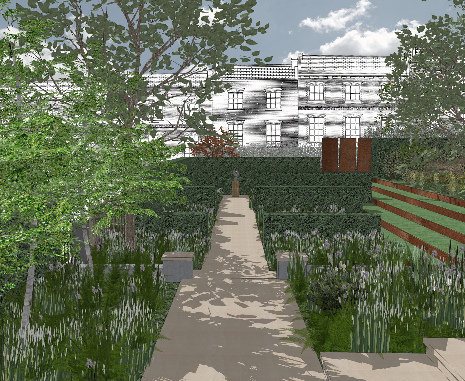 This 3D visual explains to the client the gravel path to the back of the garden and the planting structure. The Amelanchier lamarckii help to balance the house and provide intimacy from the street.