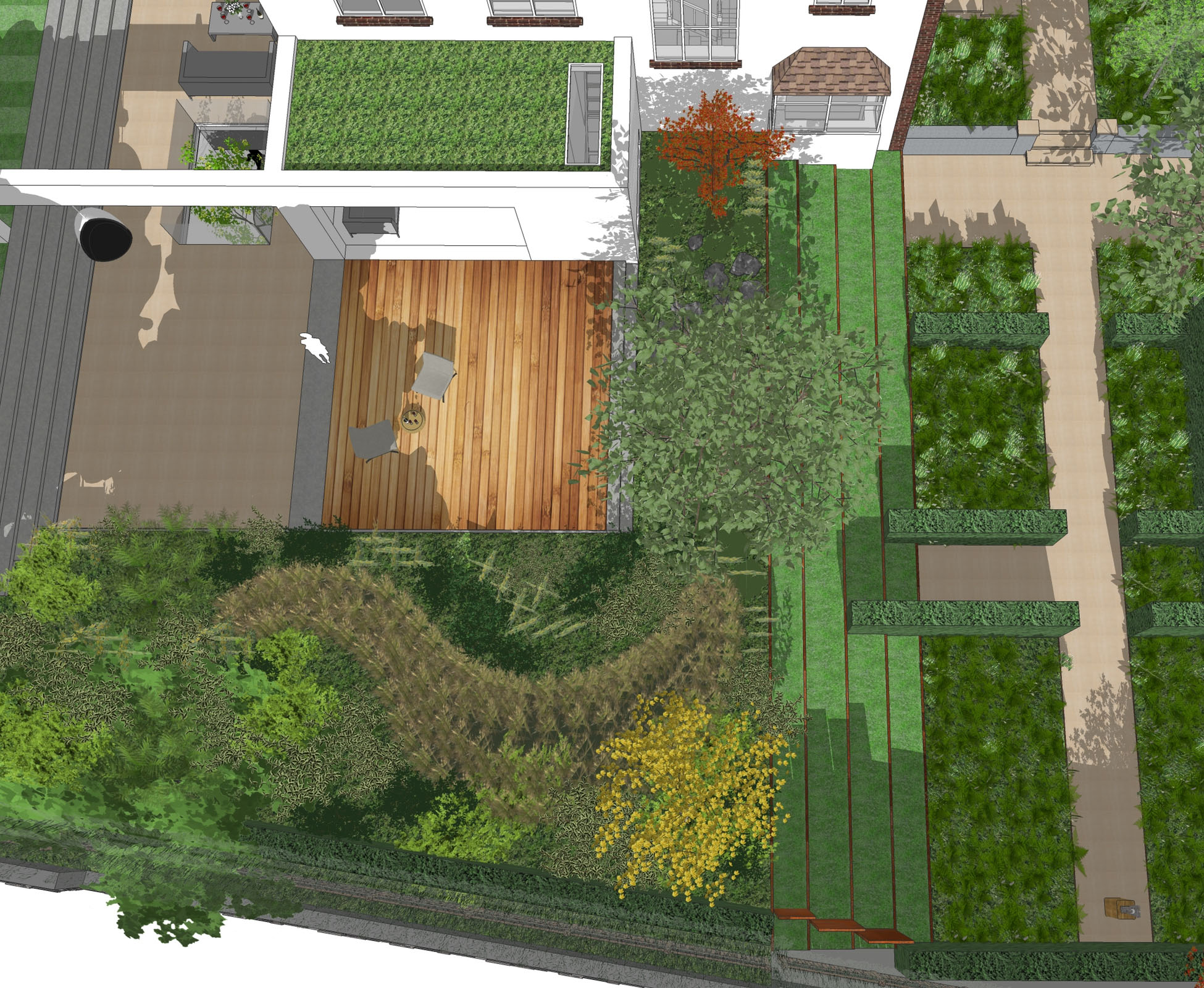 A plan view of the garden shows clearly the organic shapes of the borders, contrasting with the strong structure of the hard landscaping and the house.