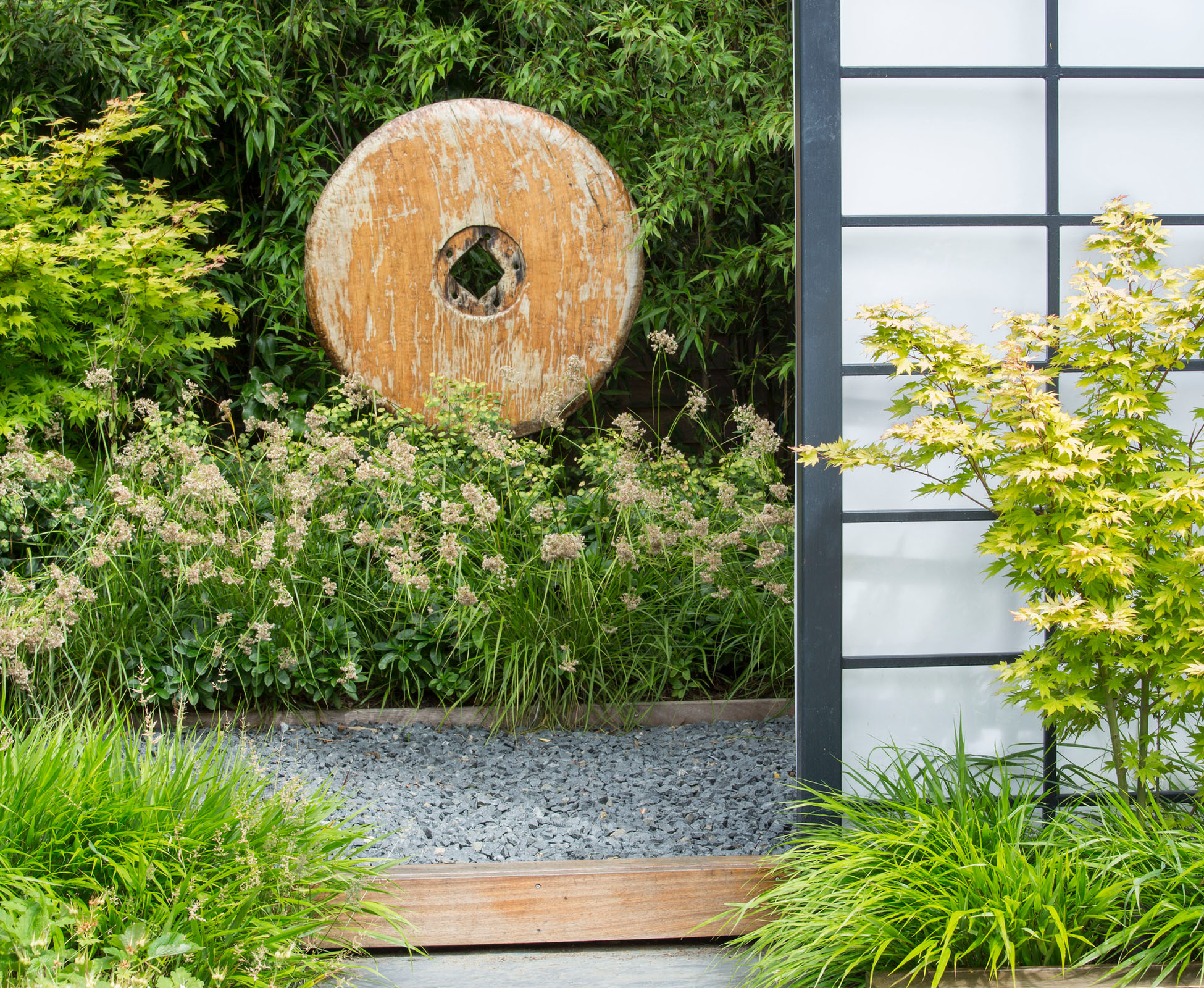 At the back of this Queen’s Park garden, a wooden sculpture from Asia sits within the evergreen grasses, Luzula nivea, now flowering. A bamboo screen creates a green background behind a gravel path, leading to the invisible shed.