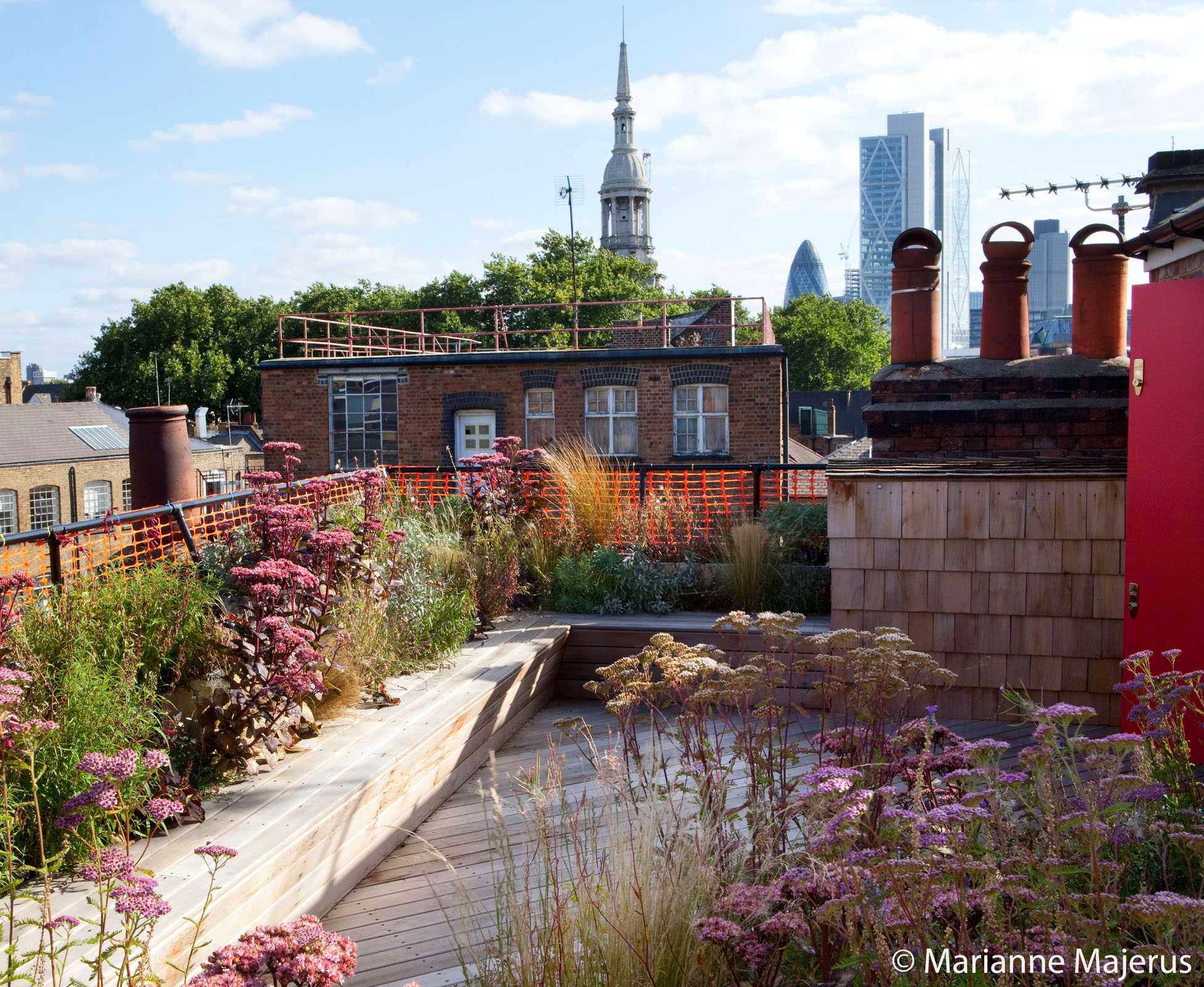 This rooftop garden in the centre of London, Shoreditch, gets a lot of sun and can be a harsh environment for planting. A dense prairie style effect has been designed and created using tolerant herbaceous plants such as Sedum, Achillea and Stipa.