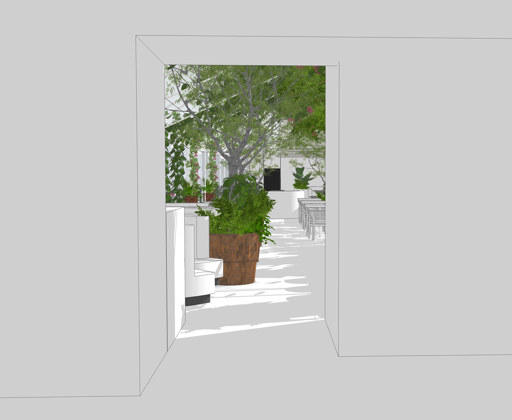 Visual of the Sushisamba Covent Garden restaurant designed by LGD during the concept phase, showing the customers view as they enter the space.