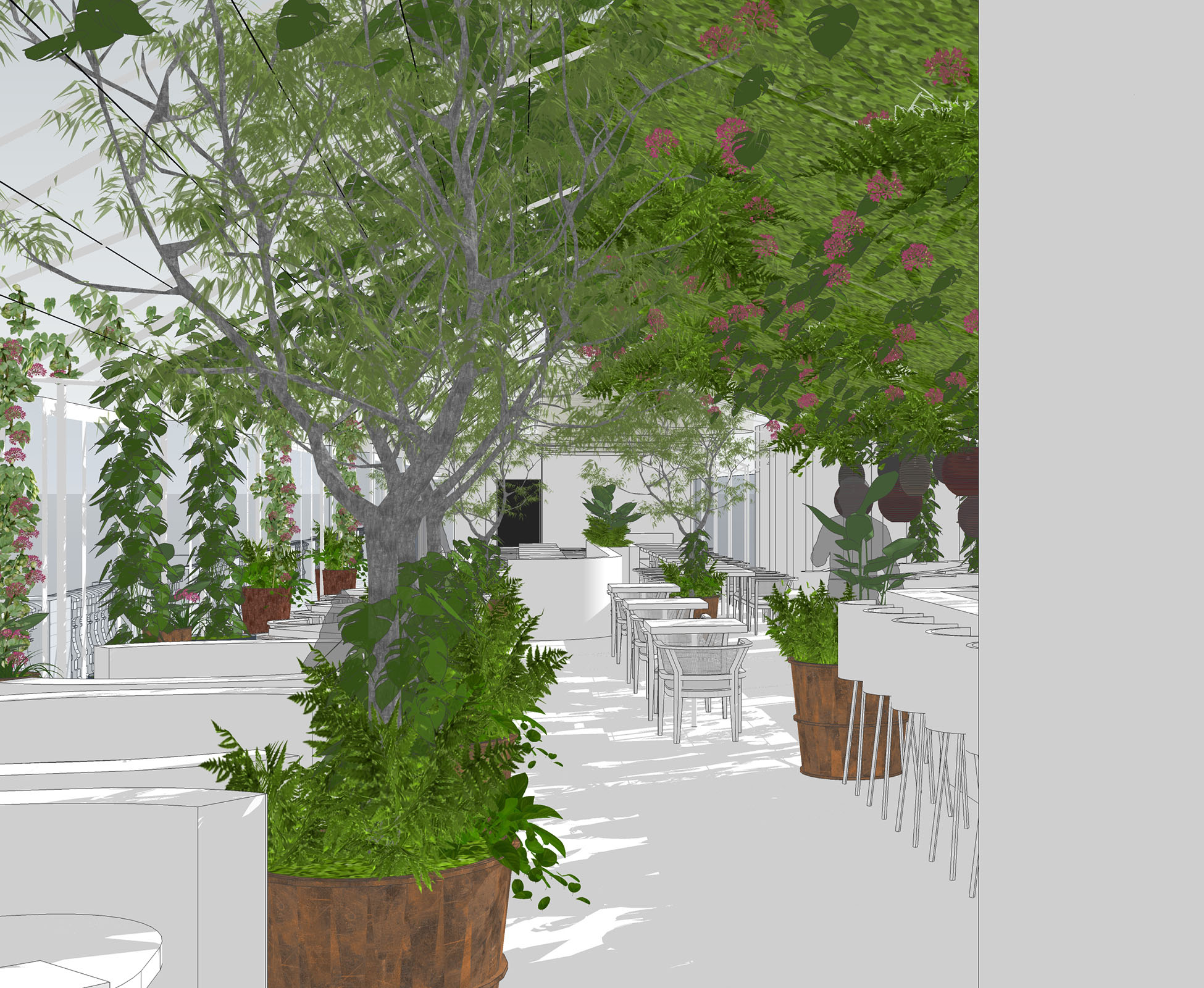 Sketch up visual to show the client, the overall design effect and spacial layout of the restaurant in Covent garden.