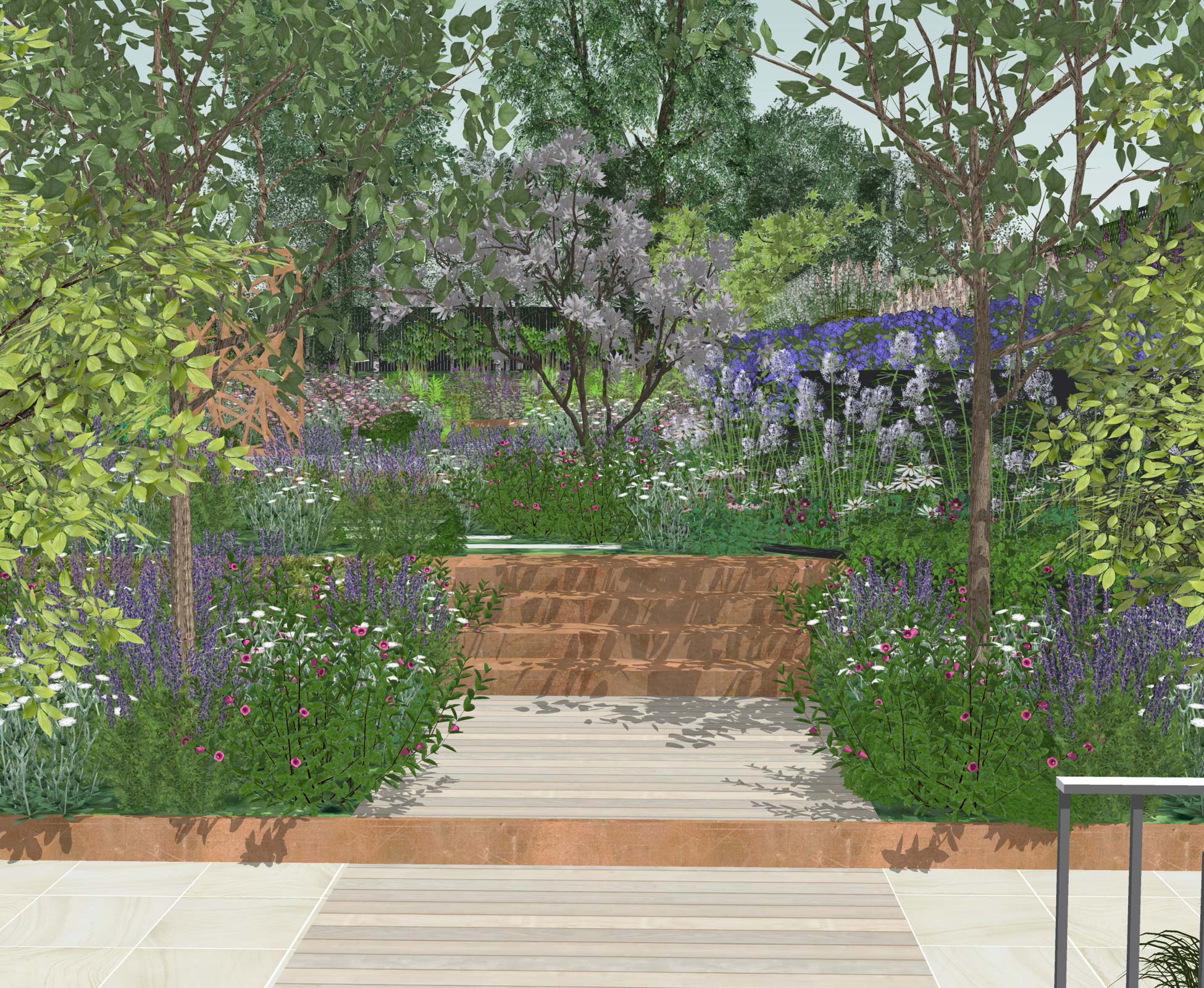 3D model showing the patio design before its construction.