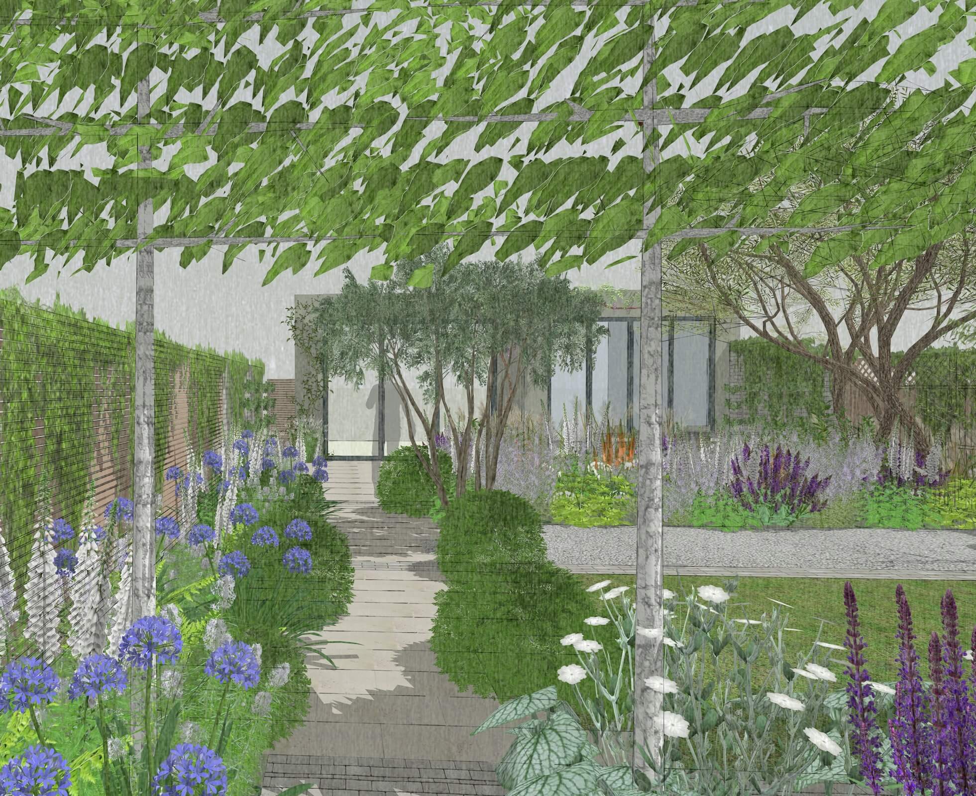 One of our computer renders, to show the client the view along the path from the studio to the house.