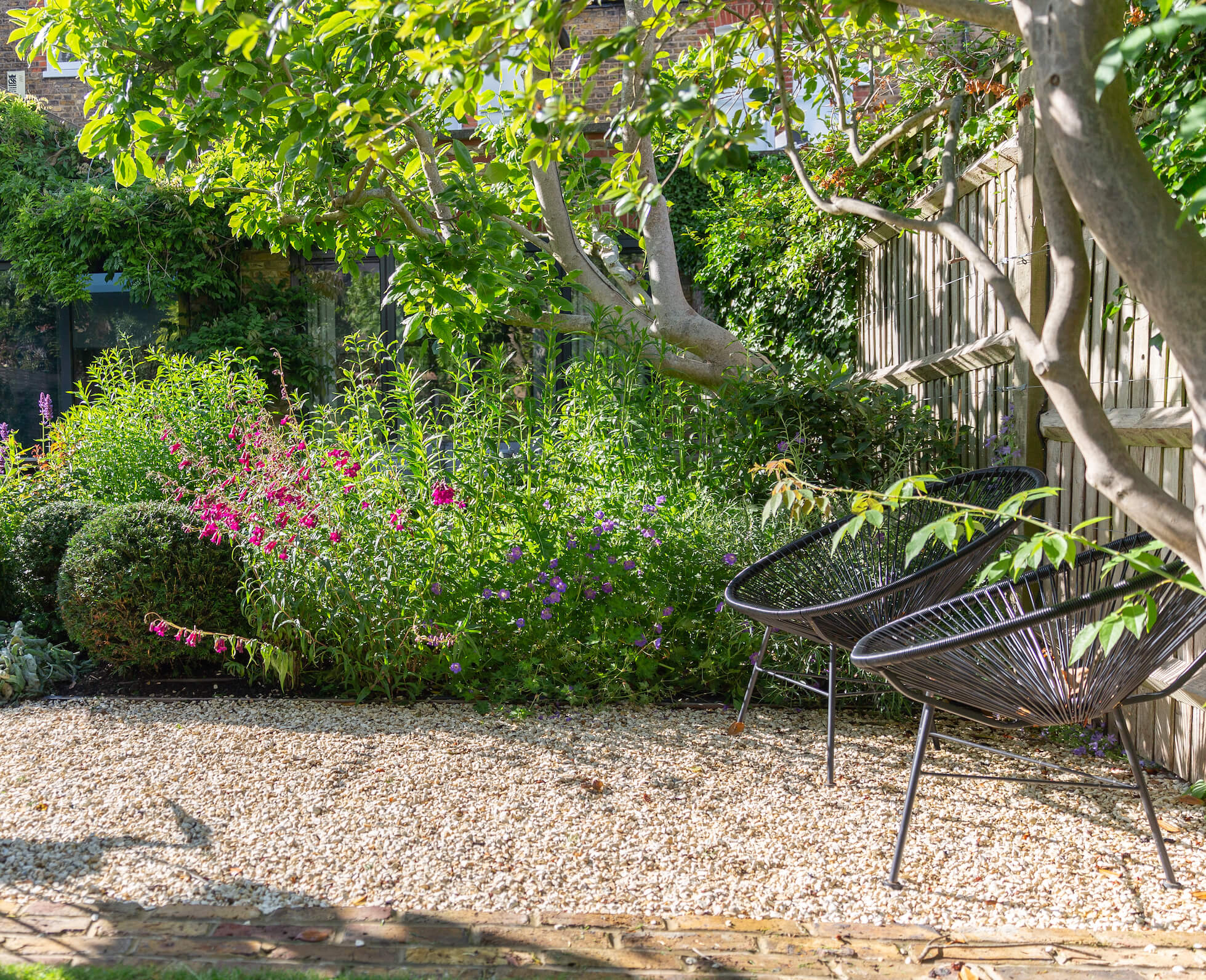 The existing Magnolia tree was shaped to create a more sculptural form, and allow for herbaceous planting underneath.