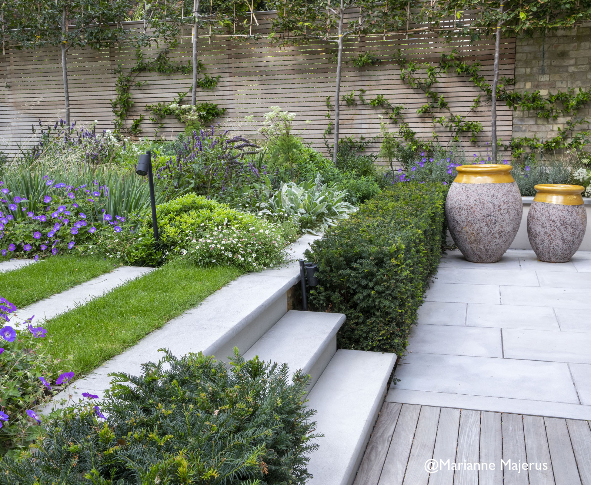 Change of level in the West Hampstead garden using wide sandstone treads that connect the patio area to the lawn.